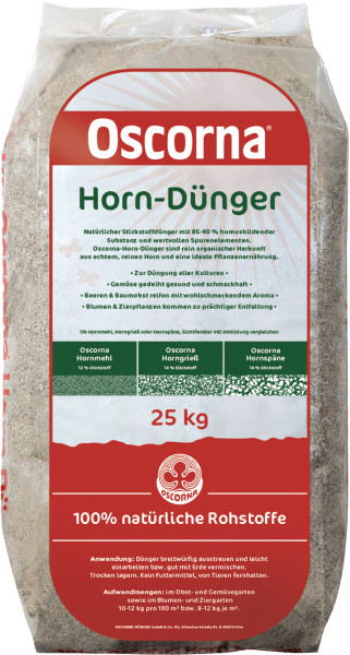 Produktbild von Oscorna-Hornmehl 25kg mit Markenlogo, Produktname, Angabe zu 100% natürlichen Rohstoffen und Hinweisen zur Anwendung und Dosierung in deutscher Sprache.