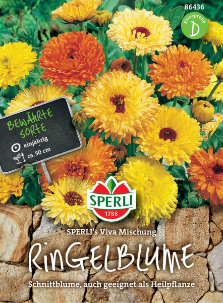 Produktbild von Sperli Ringelblume SPERLIs Viva Mischung mit farbenfrohen Blumen und Verpackungsinformationen einschliesslich der Marke und Hinweisen zur Eignung als Schnitt- sowie Heilpflanze.