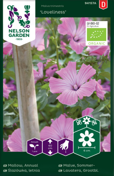 Produktimage von Nelson Garden BIO Sommermalve Loveliness mit Bildern blühender Pflanzen und Informationen zu Wuchsverhalten und biologischem Anbau
