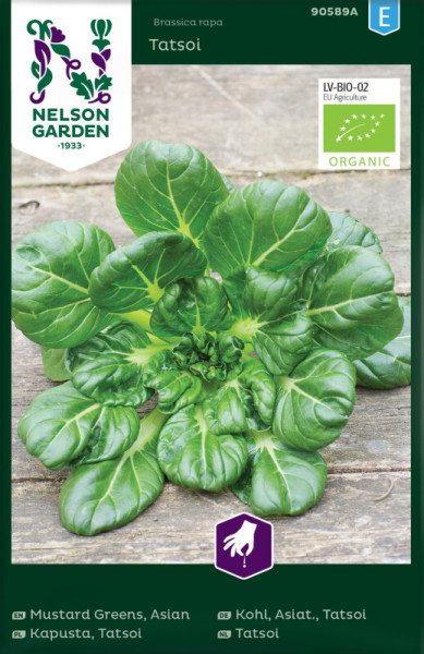 Produktbild von Nelson Garden BIO Asia-Kohl Tatsoi Verpackung mit Pflanzenbild und biologischen Kennzeichnungen.