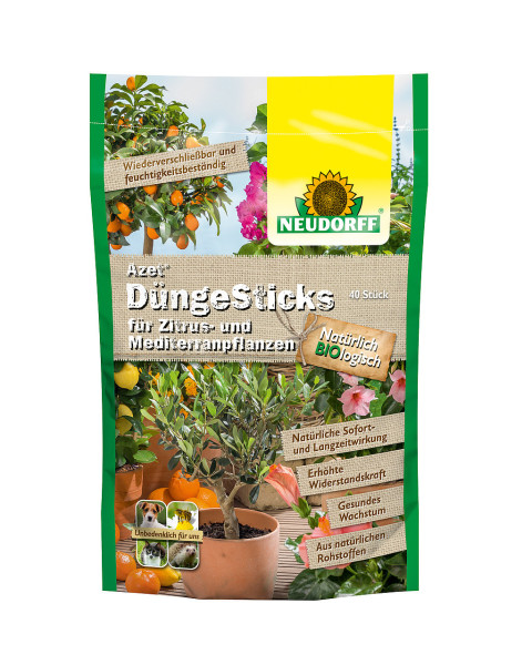 Produktbild der Neudorff Azet DüngeSticks für Zitrus- und Mediterranpflanzen 40 Sticks Verpackung mit Markenlogo, Produktbezeichnung und Abbildungen von Zitruspflanzen.