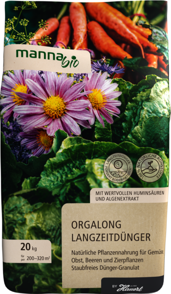 Produktbild von MANNA Bio Orgalong 20kg Düngemittelverpackung mit Abbildungen von Gemüse und Blumen darauf, Hinweisen auf natürliche Inhaltsstoffe wie Huminsäuren und Algenextrakt, sowie Angaben zur Menge und Einsatzfläche.