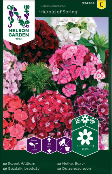 Produktbild von Nelson Garden Bartnelke Herald of Spring mit Darstellung verschiedenfarbiger Blüten und Informationen zu Wuchshöhe, Pflegehinweisen und Eigenschaften auf Deutsch und weiteren europäischen Sprachen.