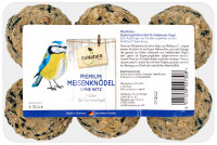 Produktbild von ReNatura Premium Meisenknödel ohne Netz für Gartenvögel mit sechs Futterkugeln und Informationen zu Inhaltsstoffen und Markenhinweis auf...