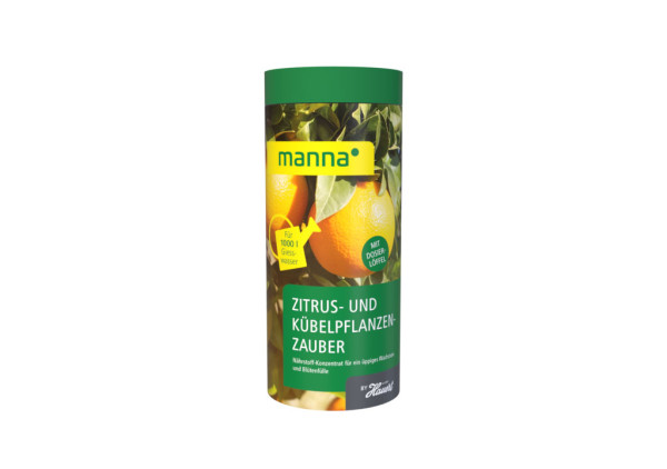 Produktbild des MANNA Zitrus- und Kübelpflanzenzauber Düngemittels in einer 1kg Verpackung mit Dosierlöffel und Abbildung einer Zitrusfrucht.