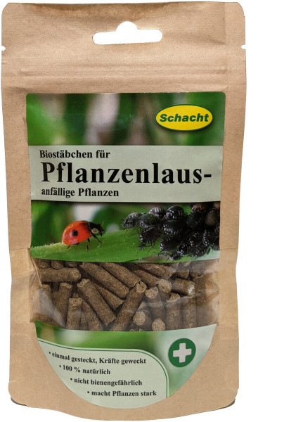 Produktbild von Schacht Biostäbchen Pflanzenlaus 50g Verpackung mit Angaben zu den Merkmalen 100 Prozent natürlich nicht bienengefährlich macht Pflanzen stark und Bildern von Pflanzenläusen sowie einem Marienkäfer.