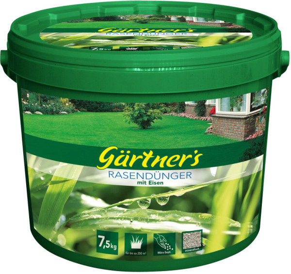 Produktbild von Gaertners Rasenduenger mit Eisen in einer 7, 5, Kilogramm Verpackung mit Darstellung einer Rasenflaeche und Produktinformationen.