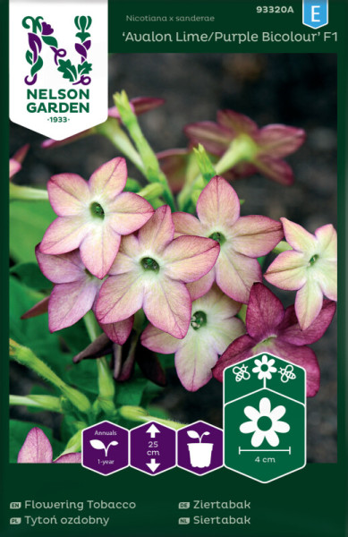 Produktbild von Nelson Garden Ziertabak Avalon Lime/Purple Bicolour F1 mit blühenden Pflanzen und Verpackungsinformationen zu Wuchshöhe und Blütengröße auf Deutsch und anderen Sprachen.