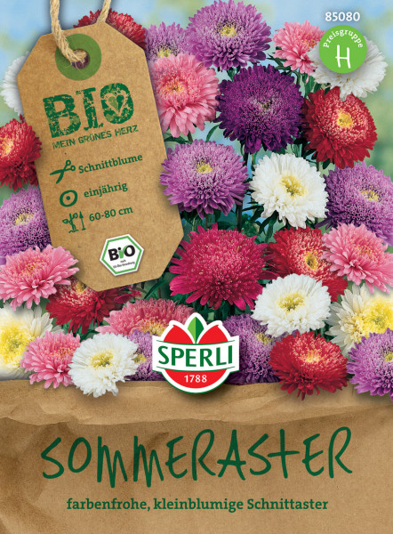 Produktbild von Sperli BIO Sommeraster mit bunten Blumen und Verpackung welche Informationen wie Schnittblume einjährig 60-80 cm anzeigt sowie das Sperli Logo und BIO Siegel.