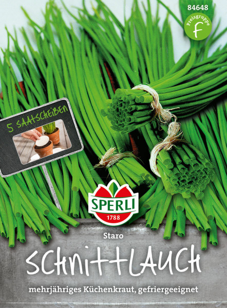 Produktbild von Sperli Schnittlauch Staro Saatscheibe mit Darstellung von Schnittlauchbüscheln und Verpackungsinformationen auf Deutsch.