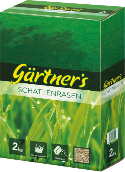 Produktbild von Gaertners Schattenrasen 2kg Verpackung mit Markenlogo Nahaufnahme von Grashalmen Angaben zum Gewicht und zur Flachenabdeckung sowie Aussaatzeitraum von Maerz bis September.