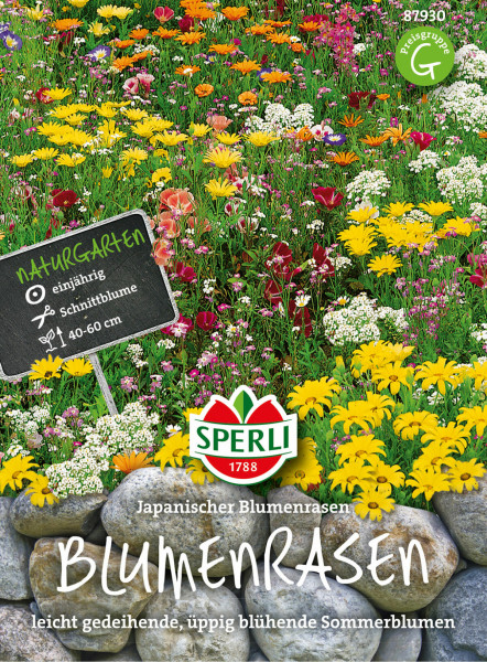 Produktbild von Sperli Blumenmischung Japanischer Blumenrasen mit bunten Sommerblumen und Produktinformationen auf Deutsch.
