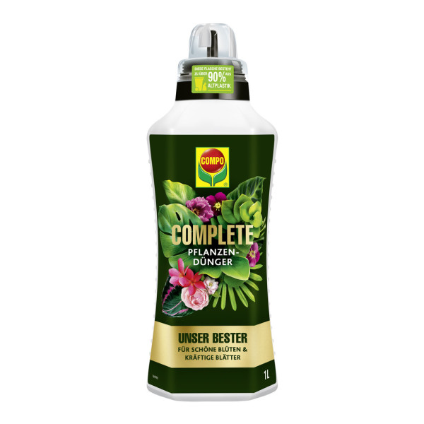 Produktbild von COMPO COMPLETE Pflanzendünger 1 Liter Flasche mit Beschriftung und Abbildungen von Blüten und Blättern