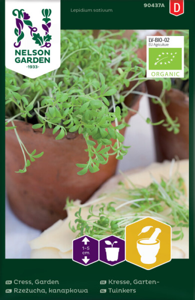 Produktbild von Nelson Garden BIO Gartenkresse Verpackung mit Angaben zu Bio-Zertifizierung und Pflanzhinweisen sowie Abbildung der Gartenkresse in einem Topf.