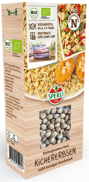 Produktbild von Sperli BIO Keimsprossen-Saat Kichererbse mit Informationen zum Bio-Produkt und Darstellung der Kichererbsen-Keimlinge sowie des Endprodukts.