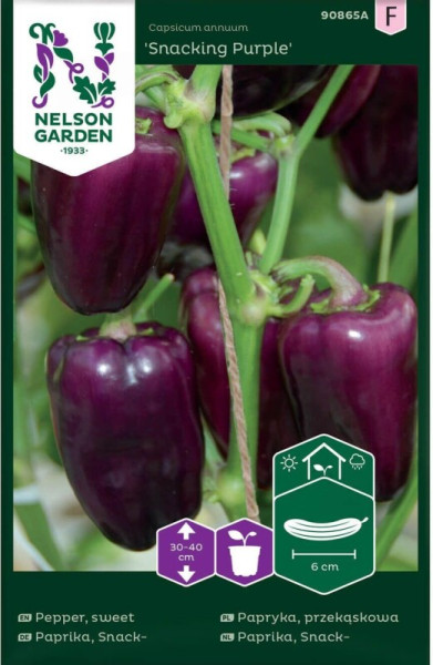 Produktbild von Nelson Garden Snackpaprika Snacking Purple mit Abbildungen der lila Paprikafrüchte und Pflanzinformationen auf der Verpackung.