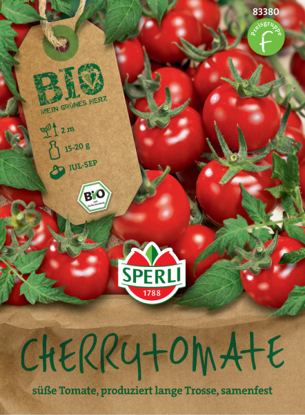 Produktbild von Sperli BIO Cherrytomate zeigt rote Kirschtomaten und eine Verpackung mit Anweisungen und Produktinformationen samt BIO Siegel in deutscher Sprache.
