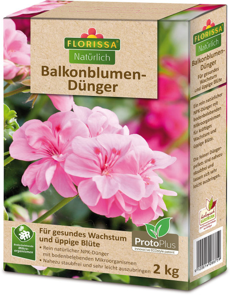 Produktbild des Florissa Balkonblumen-Dünger in einer 2kg Verpackung mit Hinweisen auf natürliches Wachstum und üppige Blüte sowie dem Logo und zusätzlichen Produktinformationen.