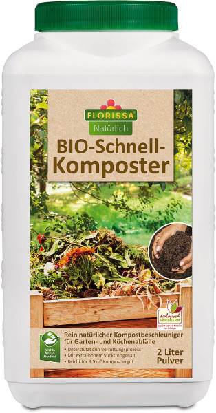 Produktbild des Florissa BIO-Schnellkomposters in 2l Verpackung mit Etikett und Informationen zu den Produktvorteilen auf Deutsch