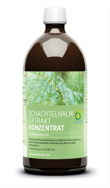 Produktbild von Multikraft Schachtelhalm Extrakt Konzentrat in einer 1 Liter Flasche mit grünen Akzenten und Informationen zum biologischen Pflanzenhilfsmittel auf Deutsch.