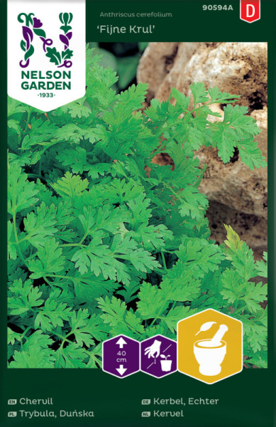 Produktbild von Nelson Garden Echter Kerbel Fijne Krul mit Darstellung der Pflanze und Verpackungsinformationen wie Pflanzenhöhe und Nutzungssymbolen auf deutsch und anderen Sprachen.