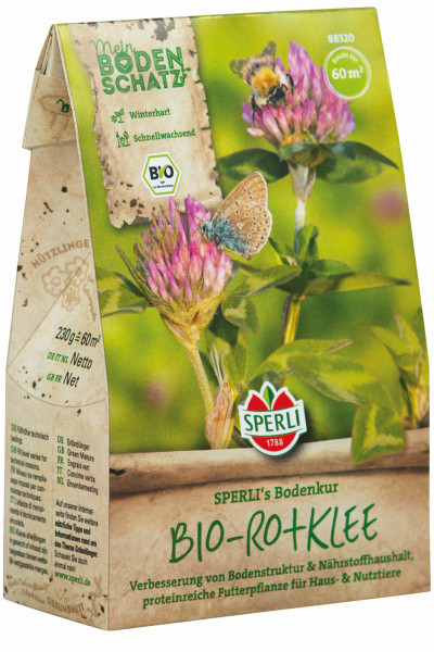 Produktbild von SPERLI Bodenkur BIO-Rotklee Verpackung mit Abbildungen von Blüten und einem Schmetterling sowie produktbezogenen Informationen wie Gewicht und Vorteilen für den Boden in deutscher Sprache.