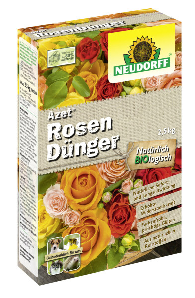 Produktbild von Neudorff Azet RosenDünger Verpackung mit Angaben zu Inhalt und Gewicht, Bio-Siegel, verschiedenen Rosenarten und Hinweisen zu Umweltverträglichkeit und Sicherheit für Tiere in deutscher Sprache.