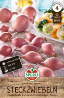 Produktbild von Sperli Rote Steckzwiebel Rosanna mit Darstellung der pinkfarbenen Zwiebeln und Informationen zu Pflanzzeiten und Preiskategorie vor einem... Produktbild von Sperli Rote Steckzwiebel Rosanna mit Darstellung der pinkfarbenen Zwiebeln und Informationen zu Pflanzzeiten und Preiskategorie vor einem Teller mit Essen im Hintergrund.