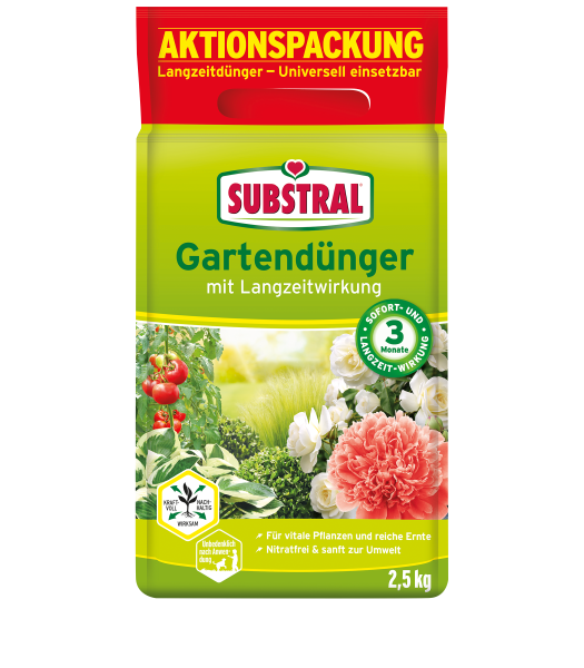 Produktbild von Substral Gartenduenger mit Langzeitwirkung 2.5kg zeigt eine gruene Verpackung mit Bildern von Tomaten und Blumen sowie Produktinformationen zur sofortigen und langfristigen Duengewirkung.
