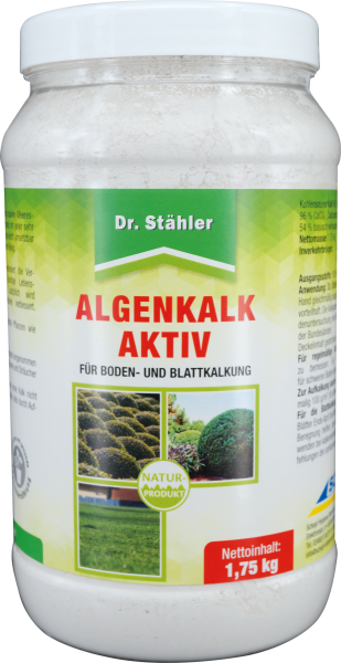 Produktbild von Dr. Staehler Algenkalk Aktiv 1, 75, kg mit Hinweisen zu Anwendung und Natürlichkeit, sowie Bildern von Pflanzen und Rasen.