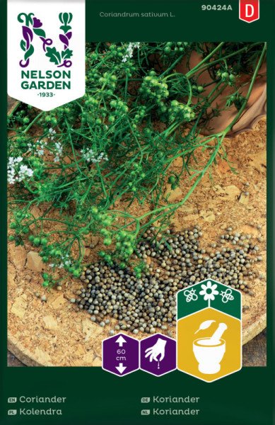 Produktbild von Nelson Garden Koriander Saatgutverpackung mit Abbildung von Korianderpflanzen und Saatkörnern sowie Symbolen für Pflanzinformationen.