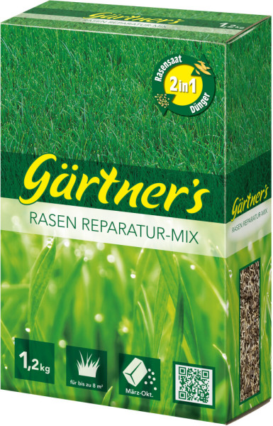 Produktbild von Gärtners Rasen Reparatur-Mix 1, 2, kg in einem grünen Streukarton mit Rasenabbildungen und Hinweisen auf 2in1 Dünger Komponente sowie Angaben zu Anwendungsfläche und -zeitraum.