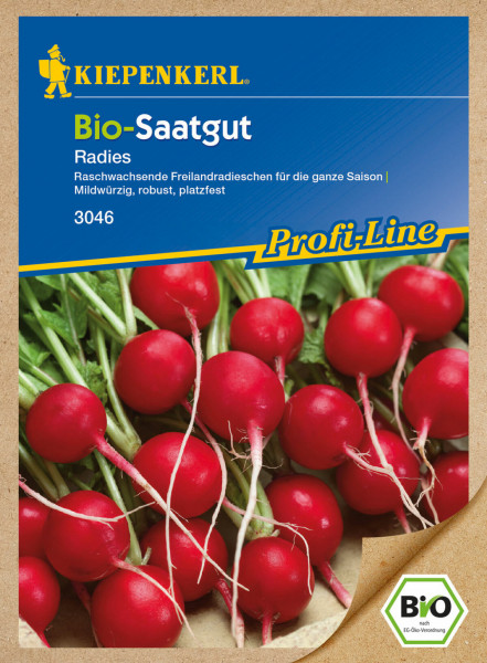 Produktbild von Kiepenkerl Bio-Saatgut für Radieschen mit Abbildung roter Radieschen und Verpackungsinformationen auf Deutsch