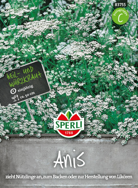 Produktbild von Sperli Anis mit Darstellung der Pflanze und Verpackung, Informationen zu Heil- und Wirkkraft, Einjährigkeit, Wuchshöhe und Hinweisen zur Verwendung in der Küche auf Deutsch.