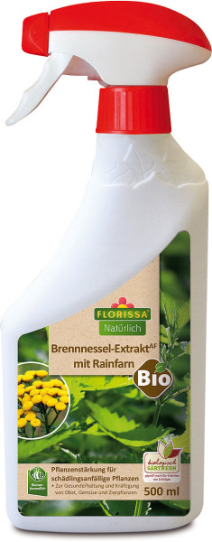 Produktbild von Florissa Brennnessel Extrakt mit Rainfarn 500ml Flasche mit Sprühkopf und Informationen zu biologischer Pflanzenstärkung auf der Etikettierung