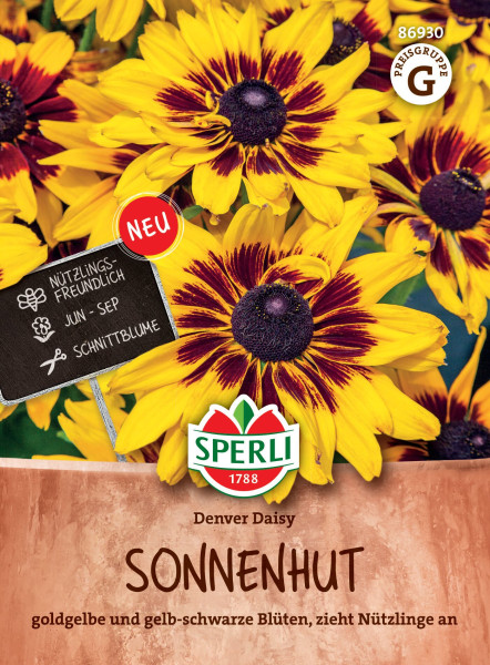 Produktbild von Sperli Sonnenhut Denver Daisy mit goldgelben und schwarz-roten Blüten Nützlingsfreundlich Jun-Sep Schittblume beschriftung und Markenlogo