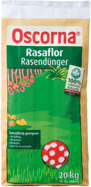 Produktbild von Oscorna-Rasaflor Rasenduenger in einer 20kg Verpackung mit gruenem Design Informationen zur ganzjaehrigen Eignung und Hinweis auf 100 Prozent natuerliche Rohstoffe