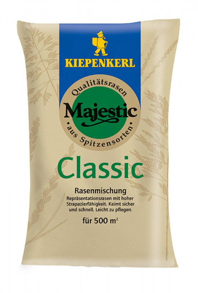 Produktbild von Kiepenkerl Majestic Classic 10 kg Rasenmischung Verpackung mit Markenlogo und Informationen zur Anwendung auf Deutsch.