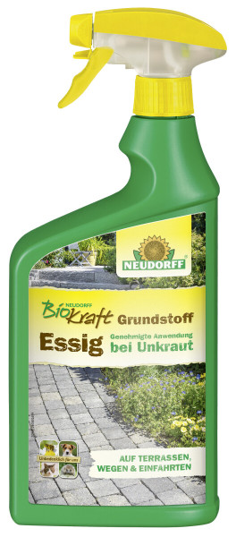 Produktbild von Neudorff BioKraft Grundstoff Essig AF in einer 1 Liter Flasche mit Sprühkopf für die Anwendung gegen Unkraut auf Terrassen, Wegen und Einfahrten, sicher für Haustiere.