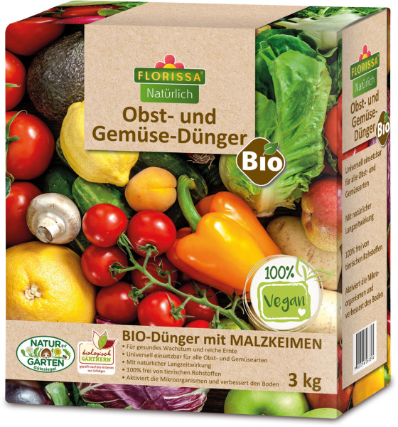 Produktbild von Florissa Obst- und Gemüsedünger 3kg mit Bio und Vegan Siegeln sowie Abbildungen von Obst und Gemüse.