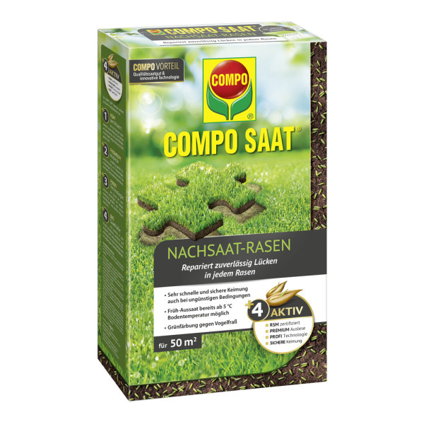 Produktbild von COMPO SAAT Nachsaat-Rasen 1kg mit Verpackung, Produktinformationen und Rasenbild im Hintergrund.