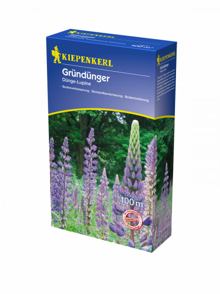 Produktbild von Kiepenkerl Duenge-Lupine 2 kg Verpackung mit Abbildungen von blühenden Lupinen und Informationen zur Bodenverbesserung und Stickstoffanreicherung in deutscher Sprache.
