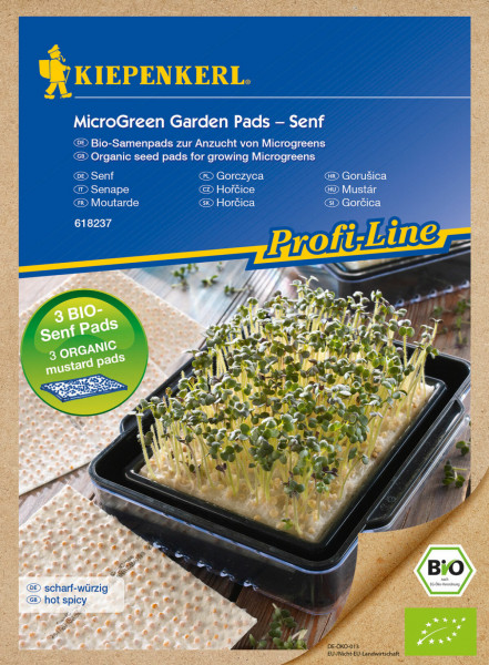 Produktbild von Kiepenkerl BIO Microgreen Pads Senf Nachfüllpad zeigt drei Bio-Samenpads zur Anzucht von Microgreens und Informationen in mehreren Sprachen.