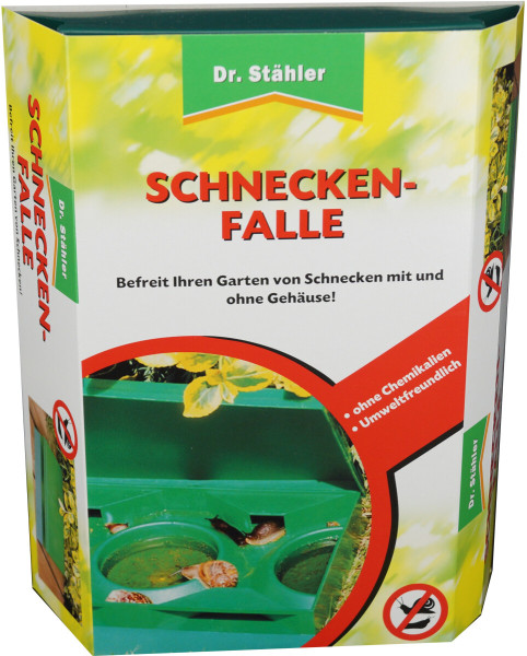 Produktbild der Dr. Stähler Schneckenfalle Verpackung die den Schutz des Gartens vor Schnecken ohne Chemikalien betont.