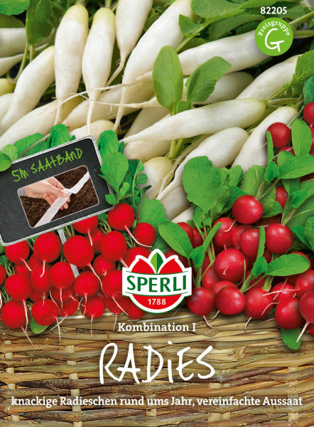Produktbild von Sperli Radies Kombination I Saatband mit Darstellung von weißen und roten Radieschen sowie Verpackungsdesign inklusive Markenlogo und Hinweis auf einfachere Aussaat.