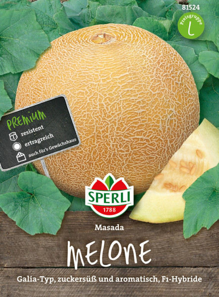 Produktbild von Sperli Melone Masada Galia-Typ zuckersüß und aromatisch F1-Hybride auf Holzuntergrund mit Melonenstück und Blättern samt Preisgruppe und Logo