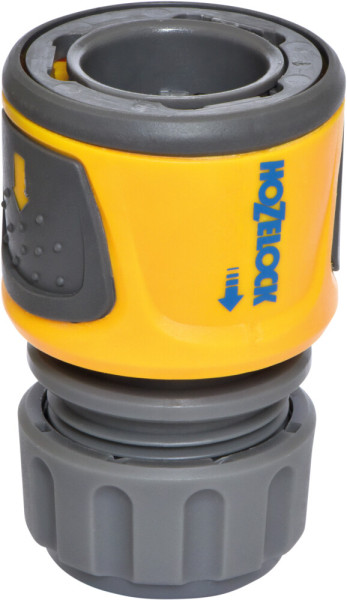 Produktbild der Hozelock Schlauchkupplung 12, 5, und 15 mm in Gelb und Grau mit sichtbaren Verbindungselementen und Markenlogo.
