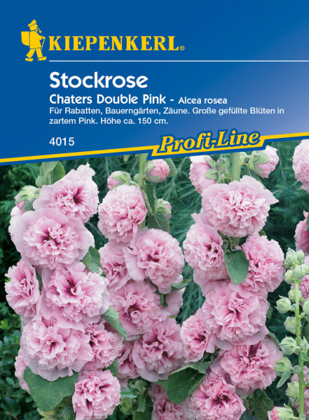 Produktbild von Kiepenkerl Stockrose Chaters Double Pink mit Darstellung der rosafarbenen Blüten, Verpackungsdesign und Informationen zur Pflanze.