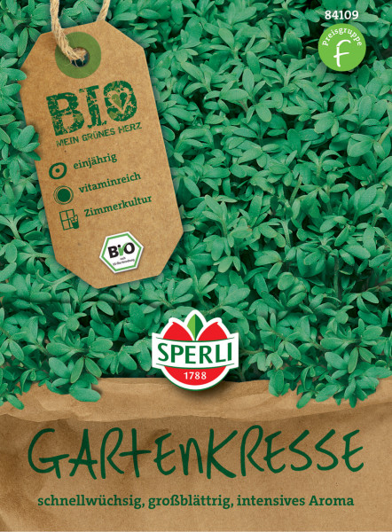 Produktbild von Sperli BIO Gartenkresse mit grünen Kresseblättern und Informationen zu Einjährigkeit, Vitaminreichtum und Zimmerkultur in deutscher Sprache.