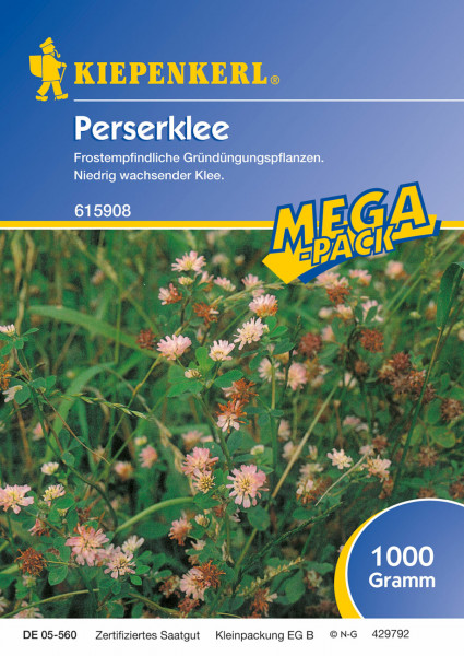 Produktbild von Kiepenkerl Perserklee 1 kg mit Darstellung des Saatguts, Informationen zu Pflanzeneigenschaften und Hinweis auf die Verpackungsgröße.